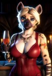 anthro big_breasts blonde_hair blue_eyes breasts cleavage clothed clothing female gold_(metal) gold_jewelry hair jewelry looking_at_viewer medieval medieval_clothing necklace solo majorfluffy_(director) hyaenid mammal hi_res tagme