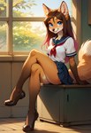 anthro bottomwear breasts clothing crossed_legs female looking_at_viewer medium_breasts miniskirt school_uniform sitting skirt solo uniform foxlover7796 helga_(iskra) canid canine fox mammal hi_res