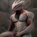 anthro big_penis bodily_fluids erection genital_fluids genitals highlights_(coloring) holding_penis horn huge_penis humanoid_genitalia humanoid_penis leaking_precum male muscular penis precum red_eyes red_highlights red_penis scales solo solo_focus tavern thick_thighs white_body white_scales alcholoicidiot the_dark_urge dragon dragonborn_(dnd) scalie