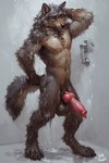 animal_genitalia animal_penis anthro balls bathroom big_balls body_hair canine_genitalia canine_penis chest_hair erection genitals hyacintho knot male muscular penis pubes solo tail water canid canine canis mammal wolf