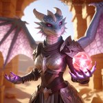 anthro armor blue_body blue_scales clothing countershading desert female magic magic_user membrane_(anatomy) membranous_wings orb purple_eyes scales smile solo spread_wings temple white_body white_scales wings omgechounknown dragon reptile scalie 1:1 colored