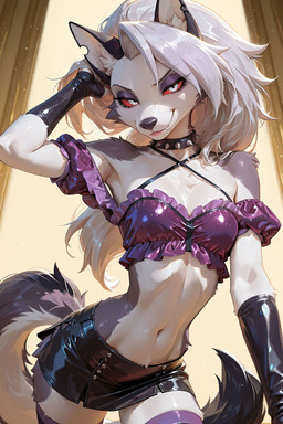 anthro black_bottomwear black_clothing black_skirt bottomwear clothing male purple_blouse skirt smile solo standing anthroai hellaverse helluva_boss loona loona_(helluva_boss) canid canine mammal hi_res