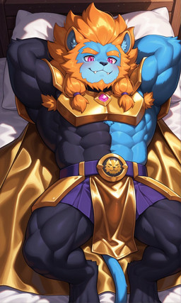 abs anthro azure_lion bed biceps big_muscles blue_body blue_fur clothed clothing fur furniture furry_ears furry_male furry_only furry_tail hair lion_ears male monkie_kid muscular muscular_anthro muscular_arms muscular_legs muscular_male muscular_thighs orange_hair pecs pink_eyes tail_tuft tuft quixotic_mirage animal_humanoid felid felid_humanoid humanoid lion lion_humanoid mammal mammal_humanoid pantherine pantherine_humanoid furry hi_res