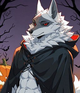 abs anthro cape clothing feral grey_body halloween jack-o'-lantern looking_at_viewer male muscular muscular_male night poncho red_eyes solo alastorgj halloween_2025 death_(puss_in_boots) canid canine canis mammal wolf