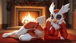 anthro black_mascara carpet clothing feathers female fireplace inside legwear lying navel neck_tuft pose ribbed_clothing ribbed_sweater ribbons seductive solo stockings tail_feathers thick_thighs thigh_highs tuft virgin_destroyer_sweater wide_hips nonimousmate nintendo pokemon delibird generation_2_pokemon pokemon_(species) hi_res