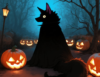 ambiguous_gender anthro biped black_body black_fur cape cloak cloak_only clothed clothing detailed_background food forest fruit fur glowing glowing_eyes halloween holidays jack-o'-lantern lamp lantern looking_at_viewer looking_back male night outside plant pumpkin solo street_lamp tail tree yellow_eyes anotheranon canid canine canis mammal wolf hi_res