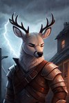 anthro antlers armor eyes_closed fur horn leather_straps light male medieval raining solo storm village white_body white_fur wooden_building cervid mammal lighting