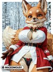 anthro big_breasts breasts camel_toe clothed clothing curvy_figure detailed_background exposed_breasts female fluffy fur genitals hair huge_breasts kemono looking_at_viewer navel pussy red_body red_fur smile solo thick_thighs tuft wide_hips macedmousy canid canine fox mammal red_fox hi_res