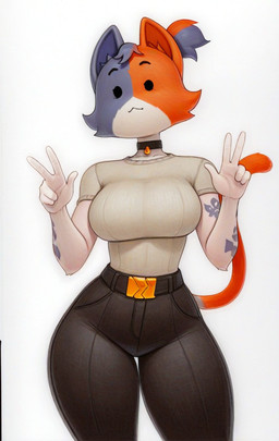 anthro belt big_breasts bottomwear breasts choker clothing female fur gesture jewelry mottled necklace orange_body orange_fur pants piebald purple_body purple_fur simple_background solo thin_tail tight_clothing v_sign white_background white_body white_fur zaddha fortnite cate_meowdy_(fortnite) calico_cat domestic_cat felid feline felis mammal hi_res