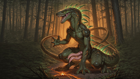 3_toes 4_fingers animal_genitalia animal_penis anthro bodily_fluids cum_dripping_from_penis erection feet fingers genital_fluids genitals glowing glowing_spikes green_body green_scales knot male multi_eye multi_genitalia multi_penis multi_tail penis scales solo spikes spikes_(anatomy) tapering_penis toes director_zerumi alien hi_res