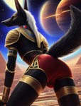 anthro anubian_jackal black_body black_fur bulge butt canid canine canis clothing egyptian egyptian_clothing fur hair hi_res jackal long_ears long_hair male mammal raised_tail solo spandex star tight_clothing white_hair