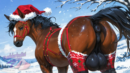 anatomically_correct anatomically_correct_anus animal_genitalia animal_pussy anus backsack balls bell bell_harness big_balls black_balls black_mane black_tail blurred_background brown_body brown_eyes brown_fur butt christmas_clothing christmas_headwear clothing equine_pussy feral fur genitals harness hat headgear headwear huge_balls intersex looking_at_viewer looking_back looking_back_at_viewer mane plant presenting presenting_balls presenting_hindquarters presenting_pussy puffy_anus pussy santa_hat snow snowing solo tree rudderbuttai(director) equid equine horse mammal hi_res signature