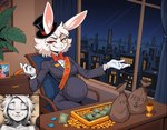 anthro belly between_breasts beverage big_belly bow_tie breasts chair cigar city clothed clothing coin detailed_background dream duo eyewear female fingers fur furniture gloves gold_(metal) gold_coin hair handwear hat headgear headwear inside money money_bag monocle necktie night one_eye_closed photo pregnant pregnant_anthro pregnant_female red_eyes ring sitting sleeping smile solo suit table teeth top_hat tuft white_body white_fur white_hair window anonymous_director invoke_high lagomorph leporid mammal rabbit hi_res