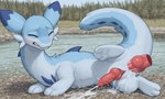 3_toes anal anal_penetration animal_genitalia anus blue_body blue_fur blush bodily_fluids clenched_teeth cum cum_drip cum_inside cum_on_ground cum_while_penetrated cumshot disembodied_penis dripping ejaculation excessive_cum excessive_genital_fluids eyes_closed feet feral forest forest_background fur genital_fluids genitals knot leaking_cum lying male nature nature_background on_side penetration penis plant raised_leg raised_tail ribbed_penis sex solo spreading tail teeth toes tree water white_body white_fur warizard palworld chillet pal_(species) hi_res