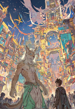anthro black_nose blue_eyes city cityscape cloak clothing crowd detailed_background fantasy fur glowing group hair looking_at_viewer looking_up low-angle_view male saren_(nekomatasaren) shirtless short_hair solo star tribal tribal_clothing white_body white_fur nekomatasaren felid feline human hybrid lynx mammal hi_res