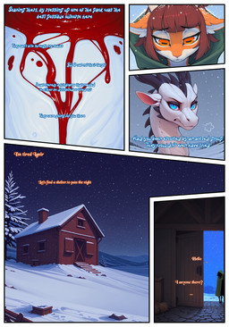 annoyed anthro barn blood_on_ground blue_eyes dialo duo female feral green_cloak hooded_cloak horizontal_pupils looking_down male male/female mythology night orange_eyes pupils snow nonimousmate gwen_(nonimousmate) ignir_(nonimousmate) bovid caprine cervid dragon goat hybrid mammal mythological_creature mythological_scalie scalie comic hi_res