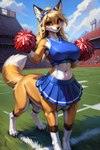 2023 abs big_breasts black_claws blonde_hair blue_bottomwear blue_clothing blue_skirt blue_topwear bottomless bottomless_female bottomless_taur bottomwear breasts brown_nose claws clothed clothing cloud countershading digitigrade dipstick_ears dipstick_tail eyebrows eyelashes female female_taur fluffy fluffy_tail fur gloves_(marking) grass grey_eyes hair inner_ear_fluff leg_markings looking_at_viewer markings multicolored_body multicolored_ears multicolored_fur navel nipple_outline orange_body orange_fur outside plant quadruped skirt sky smile socks_(marking) solo stadium standing tail_markings topwear tuft white_body white_fur artfulasylum gracie_walker canid canid_taur canine canine_taur fox fox_taur mammal mammal_taur taur 2:3 hi_res