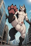 animal_genitalia anthro balls big_balls city city_destruction genitals low-angle_view macro male penis penis_tip sheath solo thedavid generation_3_pokemon mightyena pokemon_(species) absurd_res hi_res