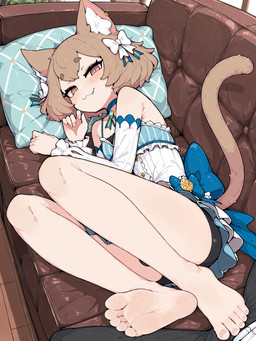 5_toes barefoot bulge clothed clothing crossdressing detailed_background duo feet furniture human_on_humanoid humanoid_feet inner_ear_fluff interspecies looking_at_viewer male male/male pillow smile smiling_at_viewer sofa soles solo_focus toes tuft anonymous_director re:zero ferris_argyle animal_humanoid felid felid_humanoid feline feline_humanoid human humanoid mammal mammal_humanoid hi_res