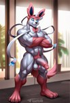abs anthro balls biceps big_penis blue_eyes claws crossed_arms feet fur genitals glans half-erect humanoid_genitalia humanoid_penis looking_at_viewer male muscular muscular_anthro muscular_male navel nude pecs penis pink_body pink_fur pubes smile solo standing teeth text toe_claws toes white_body white_fur sergalbutt nintendo pokemon eeveelution generation_6_pokemon pokemon_(species) sylveon hi_res signature url