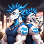 anthro back_to_back biceps blue_body blue_claws blue_clothing blue_eyes blue_fur blue_hair blue_pawpads blue_scales blue_shirt blue_tank_top blue_tongue blue_topwear building canine_teeth chain chain_necklace city city_background cityscape claws clothed clothing detailed_background duo eyebrows finger_claws fingers fur gesture hair hand_gesture horn jewelry leaf looking_at_viewer looking_back male male/male markings multicolored_body muscular muscular_anthro muscular_male necklace night open_mouth open_smile outside pawpads pecs plant poster scales shirt sky smile spots spotted_body tank_top teeth tongue tongue_out topwear tuft v_sign white_body white_fur white_scales adzyx3m_(director) adzyx3m canid canine dragon mammal scalie wingless_dragon censored digital_media_(artwork) half-length_portrait hi_res portrait