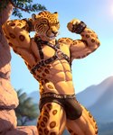 abs absurd_res anthro bulge bumblebee95 cheetah clothing detailed detailed_background detailed_fur felid feline flexing hands_behind_head hi_res looking_away male mammal muscular pecs realistic solo standing underwear vein