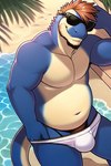 anthro beach beach_background belly bulge clothing eyewear facial_hair male mohawk pup_tobey scalie seaside seductive solo sunglasses underwear