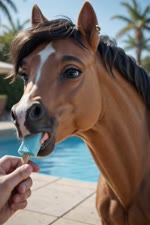 dessert dripping female feral food fur hair ice_cream licking looking_at_viewer poolside solo summer tongue tongue_out diddlier equid equine horse mammal animated webm