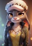 anthro breasts chest_tattoo cleavage clothed clothing ears_down female hat headgear headwear jacket looking_at_viewer open_clothing open_topwear pivoted_ears smile solo tattoo topwear yellow_eyes zootopia anonymous_director judy_hopps lagomorph leporid mammal rabbit hi_res