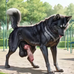 anatomically_correct anatomically_correct_genitalia anatomically_correct_penis animal_genitalia animal_penis anthro balls big_balls big_penis black_body black_fur black_nose blep bodily_fluids bouncing_balls bouncing_penis brown_eyes canine_genitalia canine_penis claws erection feral fur genitals green_eyes heterochromia knot looking_at_viewer male neck_fluffy neck_tuft nude outside penis plant retracted_sheath saggy_balls sheath solo sunset sweat sweaty_balls sweaty_genitalia tongue tongue_out tree tuft vein veiny_penis silverlynx canid canine canis domestic_dog husky mammal nordic_sled_dog spitz animated webm