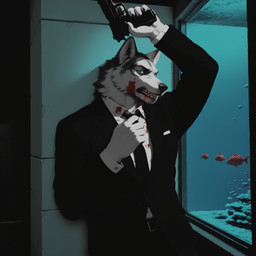 angry aquarium blood blue_eyes bodily_fluids clenched_teeth clothed clothing fur glowing glowing_eyes grey_body grey_fur gun handgun holding_object holding_weapon male necktie raised_arm ranged_weapon solo suit teeth topwear vivarium water weapon white_body white_fur unknown_director canid canine canis domestic_dog fish husky mammal marine nordic_sled_dog spitz wolf hi_res restricted_palette