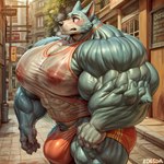 abs absurd_res anthro biceps big_bulge big_muscles blush bodily_fluids bulge canid canine canis city clothing doggyai fur genitals hi_res huge_muscles hyper hyper_genitalia hyper_muscles legoshi_(beastars) male mammal muscular muscular_anthro muscular_legs nipples solo sweat translucent translucent_clothing triceps wolf