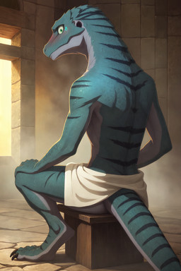 anthro blush butt looking_at_viewer looking_back looking_back_at_viewer male rear_view sitting solo tail towel towel_only sinixz the_dawn_of_the_witch kudo_(the_dawn_of_the_witch) lizard reptile scalie hi_res