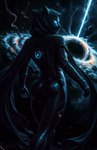 anthro asteroid black_cape black_hole black_suit blue_eyes bodysuit butt cloak clothing cosmic_background female glowing glowing_eyes hood hood_up looking_at_viewer looking_back mask nebula planet rear_view skinsuit solo space star tight_clothing fenix_ai felid feline mammal hi_res