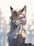 anthro black_nose blue_eyes blurred_background braided_hair chest_tuft countershading ear_piercing female hair jewelry long_hair markings necklace nude piercing snow solo tuft whiskers sappy_(director) felid feline mammal absurd_res hi_res