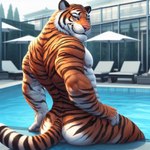 anthro bedroom_eyes blue_eyes bmrwcl butt detailed detailed_background detailed_fur felid fur looking_at_viewer looking_back male mammal muscular muscular_anthro muscular_male narrowed_eyes nipples nude orange_body orange_fur outside pantherine pool seductive sitting smile smirk solo striped_body striped_fur stripes tiger water wet white_body white_fur