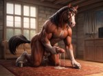 abs anthro bodily_fluids brown_body brown_fur brown_hair cum cum_drip cum_on_ground dripping fur genital_fluids genitals hair humanoid_genitalia humanoid_penis male masturbation penis rug solo sergld equid equine horse mammal