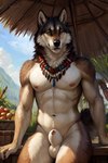 animal_genitalia anthro balls building casual_nudity fur genitals house male nipples nude plant sheath solo ulfur5605 canid canine canis mammal wolf attempted_signature hi_res