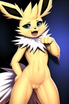 3_fingers absurd_res andromorph anthro belly_button blue_eyes eeveelution fangs fingers fur generation_1_pokemon genitals girly hi_res intersex jolteon open_mouth pokemon_(species) pussy sergalbutt simple_background slim solo spikes tongue white_body white_fur yellow_body