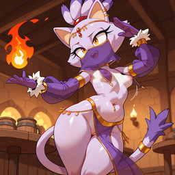 anthro armwear breasts clothing detailed_background female fire fur genitals gloves handwear navel navel_piercing open_mouth open_smile piercing purple_body purple_fur pussy smile solo white_body white_fur anonymous_director sega sonic_the_hedgehog_(series) blaze_the_cat felid feline mammal hi_res