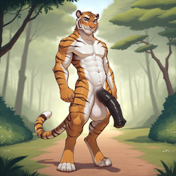 animal_genitalia animal_penis anthro balls big_balls big_penis black_penis black_stripes blue_eyes claws digitigrade equine_penis fur genitals jungle looking_at_viewer male multicolored_body multicolored_fur muscular muscular_anthro muscular_male orange_body orange_fur outside penis pink_nose plant solo stripes toe_claws tree vein veiny_penis white_body white_fur gertgrg felid mammal pantherine tiger hi_res