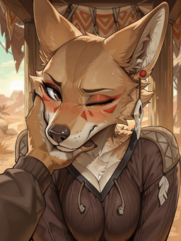anthro brown_body brown_fur clothing duo ear_piercing ear_ring female first_person_view fur looking_at_viewer petting piercing ring_piercing smile lovwyo laika_aged_through_blood laika_(laika_aged_through_blood) canid canine canis coyote mammal invalid_tag