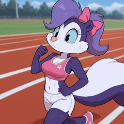 accessory anthro blue_eyes bodily_fluids bottomwear bow_(feature) bow_accessory bow_ribbon bra breasts clothed clothing female fur gym_bottomwear gym_clothing gym_shorts hair hair_accessory hair_bow hair_ribbon jogging medium_breasts outside plant purple_body purple_fur ribbons running running_track shorts solo sports_bra sports_field sweat sweaty_body topwear tree tuft underwear white_body white_fur boxen549 tiny_toon_adventures warner_brothers fifi_la_fume mammal mephitid skunk