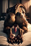 4_toes animal_genitalia anthro anus balls bed butt claws fallout feet furniture genitals male pawpads presenting presenting_anus presenting_hindquarters scales solo toe_claws toes deathclaw scalie from_behind_(disambiguation) tail hi_res