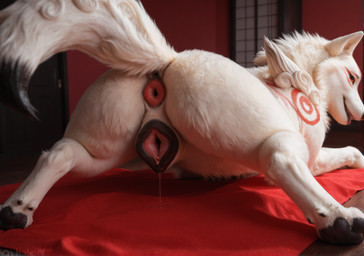 animal_genitalia animal_pussy anthro anus bed black_pawpads black_tail_tip bodily_fluids canine_genitalia canine_pussy female fluffy furniture genital_fluids genitals looking_at_viewer markings on_bed pawpads pussy pussy_juice red_markings seductive solo spread_legs spreading tail crimson_fenrir_(director) okami_(capcom) amaterasu_(okami) canid canine canis mammal wolf hi_res