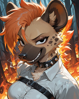 animal_ears animal_nose anthro black_eyes black_nose breasts brown_body brown_fur cigarette cigarette_in_mouth close-up clothing collar dutch_angle female feral fire forest fur grin hair insane looking_at_viewer looking_to_the_side orange_hair plant punk_hair sharp_teeth shirt smile smirk smug solo spiked_collar spikes teeth topwear tree upper_body white_clothing white_shirt white_topwear alastorgj canid canine humanoid hyaenid mammal hi_res