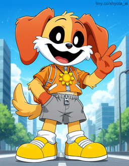 4_fingers age_difference black_sclera bottomwear city city_background clothing fingers footwear fur jewelry male multicolored_body multicolored_fur necklace orange_body orange_clothing orange_fur orange_shirt orange_topwear shirt shoes shorts solo sun_necklace topwear young young_anthro younger_male mob_entertainment poppy_playtime smiling_critters dogday_(poppy_playtime) hi_res