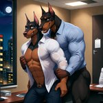 abs anthro bulge clothing duo male male/male muscular muscular_anthro muscular_male night office pecs shirt topwear undressing cowfurmania canid canine canis dobermann domestic_dog mammal pinscher absurd_res hi_res