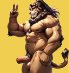 anthro balls body_hair claws erection felid foreskin genitals hair lion looking_at_viewer male mammal muscular muscular_anthro muscular_male nipples pantherine pawpads peace_sign_(disambiguation) penis purple_hair red_eyes side_view simplyai smile solo vein veiny_arm veiny_penis yellow_backgroud