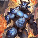 anthro bulge claws clothed clothing finger_claws fingers fire jockstrap jockstrap_only male muscular muscular_anthro muscular_arms muscular_legs muscular_male muscular_thighs nipples solo stripes underwear underwear_only mugen_kuuhakuai demon felid hybrid mammal pantherine tiger tail hi_res